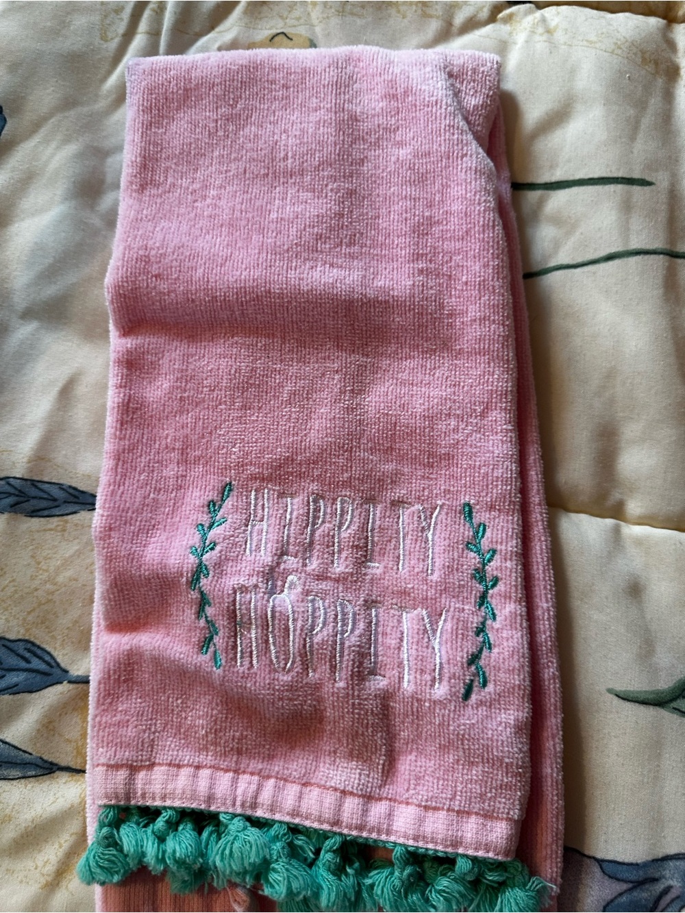 Pink Embroidered 'Hoppity Hoppity' Decorative Hand Towel with Green Tassels